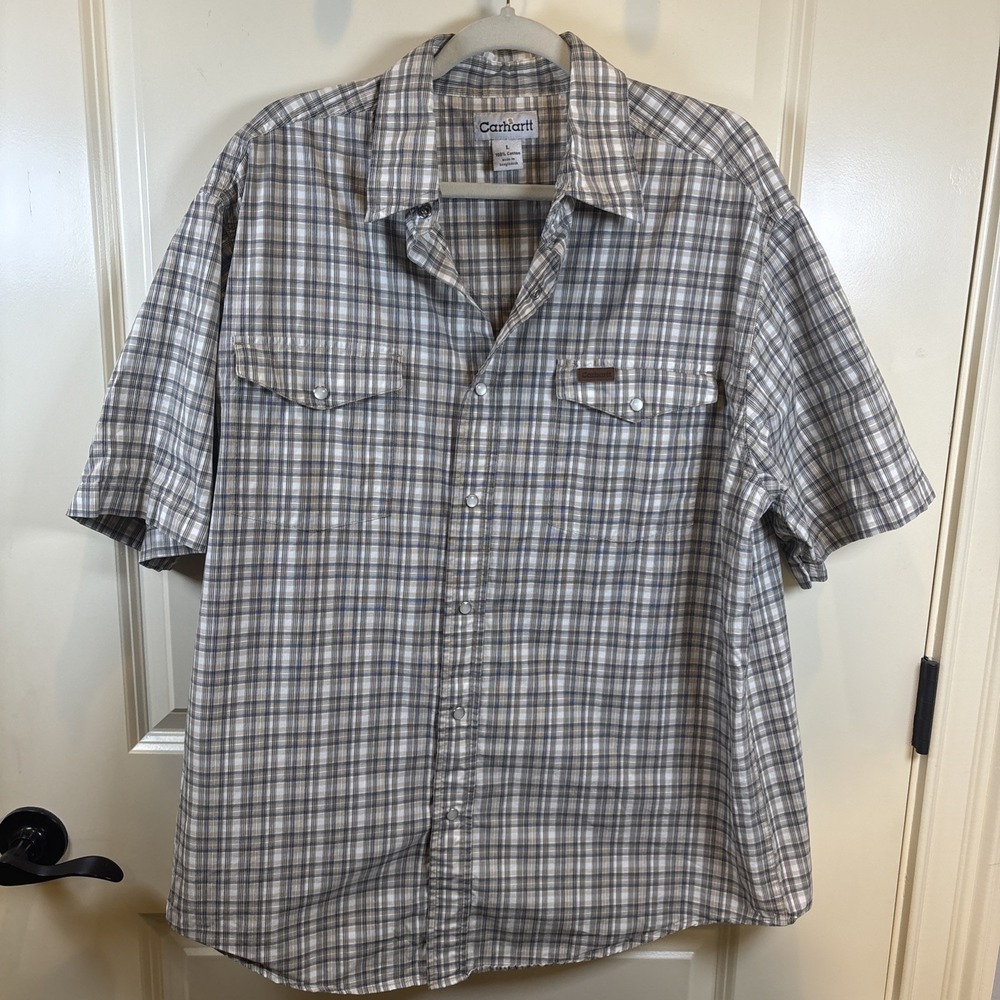Classic Carhartt Men Size Large Plaid Regular Fit Short Sleeve Pearl Snap Shirt